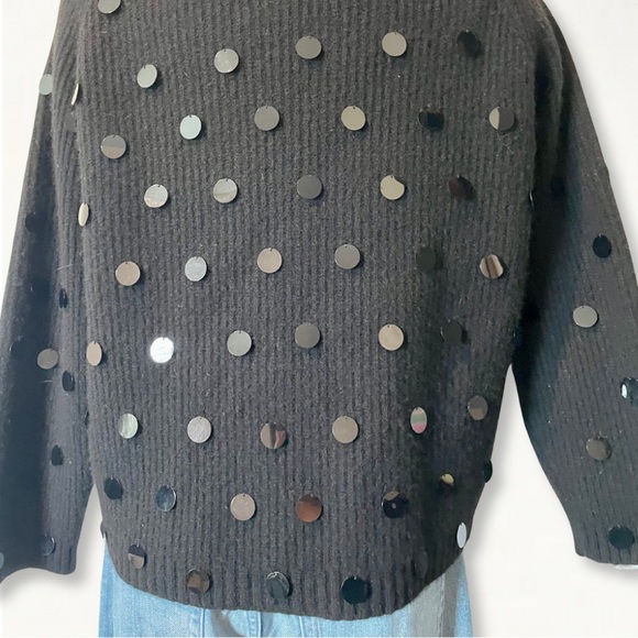 Vintage Michael Simon Black Sequin Paillette Fuzzy Ribbed Knit Crewneck Sweater - Picture 8 of 10